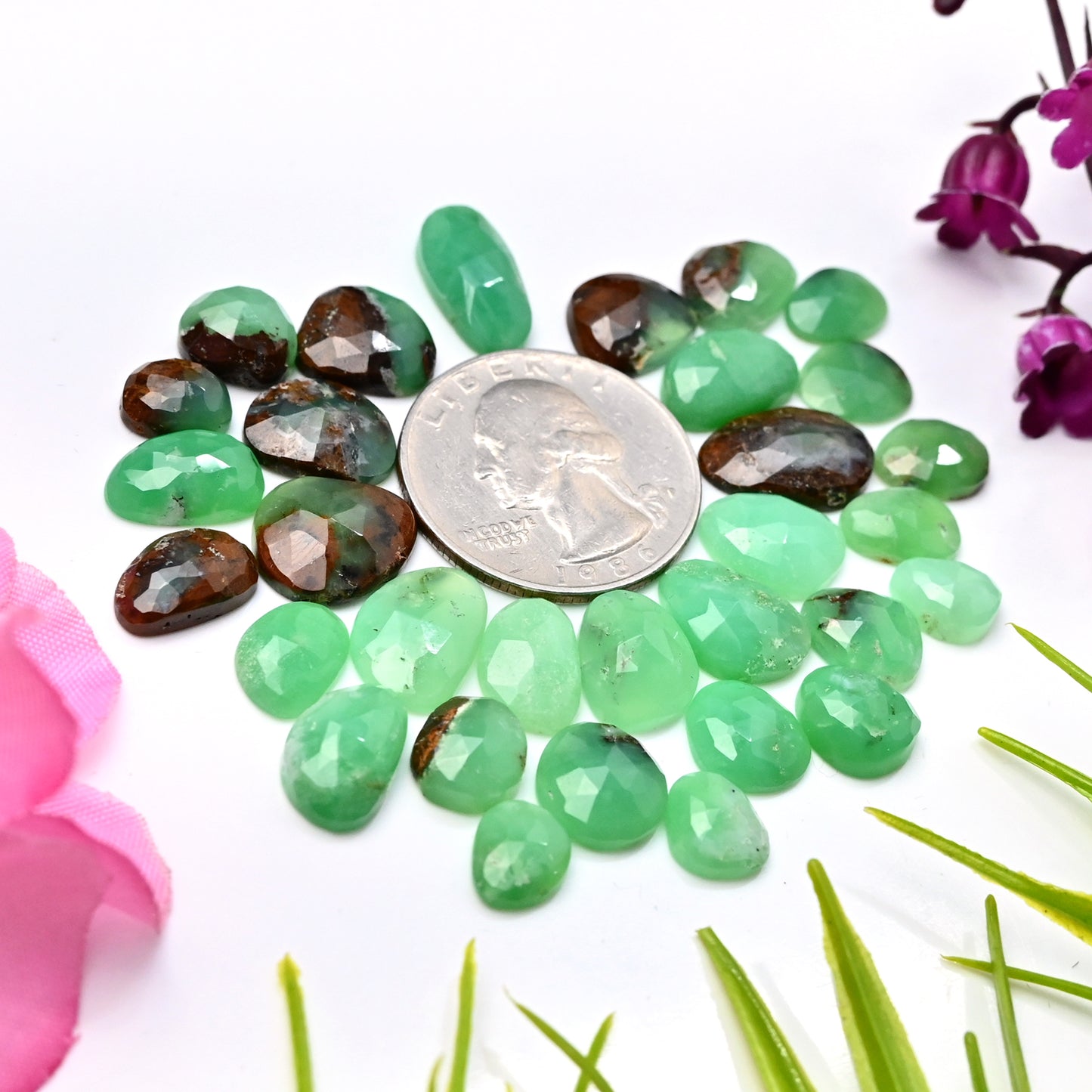 73.65cts Boulder Chrysoprase Rose cut Cabochon 7x9mm - 8x16mm Freeform Shape AA Grade Gemstone Parcel -Total 31 Pcs