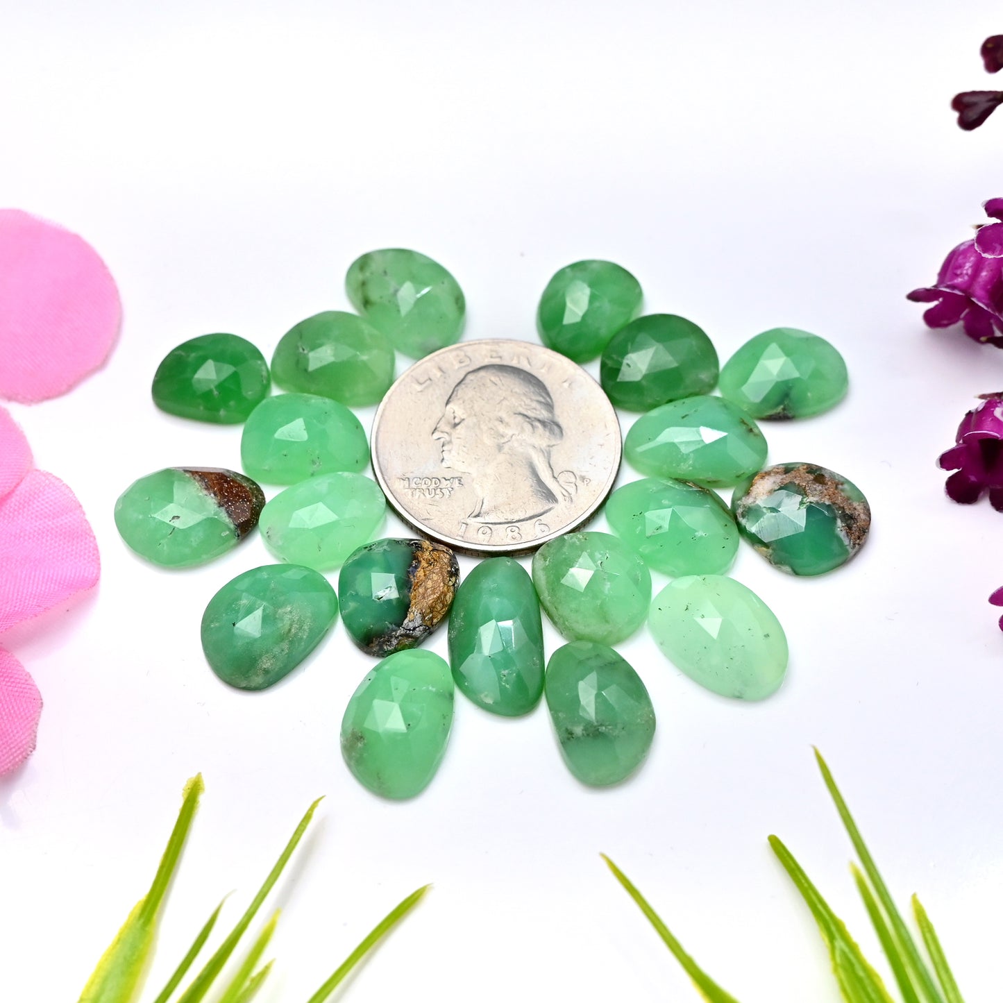 75.95cts Boulder Chrysoprase Rose cut Cabochon 9x16mm - 10x14mm Freeform Shape AA Grade Gemstone Parcel -Total 19 Pcs