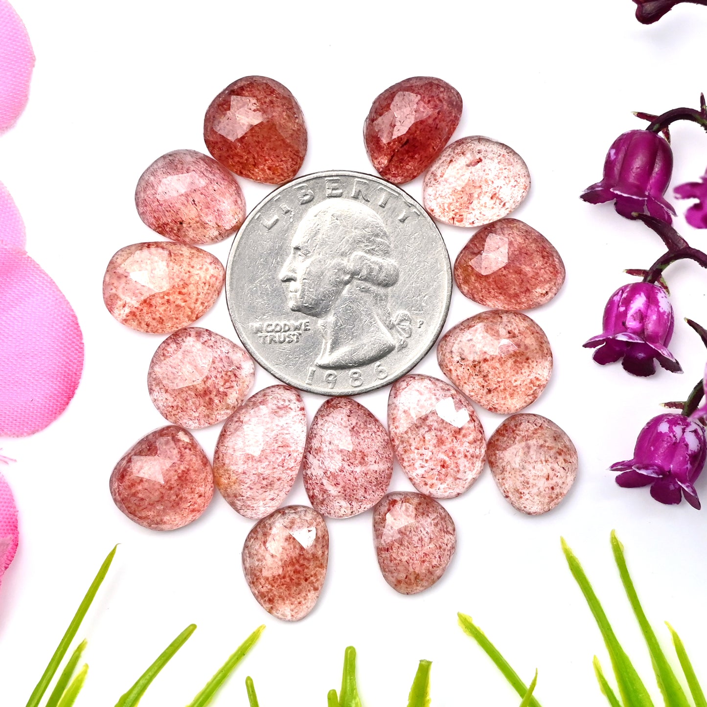 56.5cts Strawberry Quartz Rosecut Cabochon 9x11mm - 9x15mm AA Grade Gemstone Parcel - Total 15 Pcs