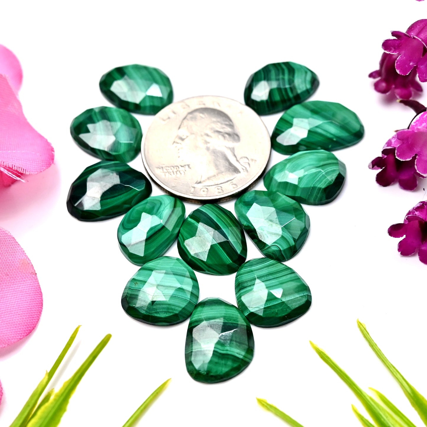 78.60cts Malachite Rose Cut 11x18mm ,12x16mm AA Grade Gemstone Parcel - Total 12 Pcs