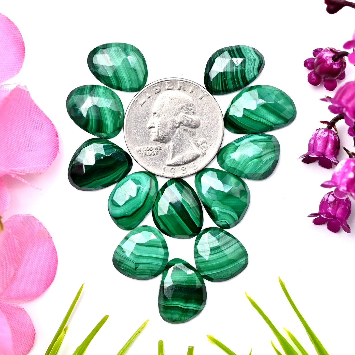 78.60cts Malachite Rose Cut 11x18mm ,12x16mm AA Grade Gemstone Parcel - Total 12 Pcs