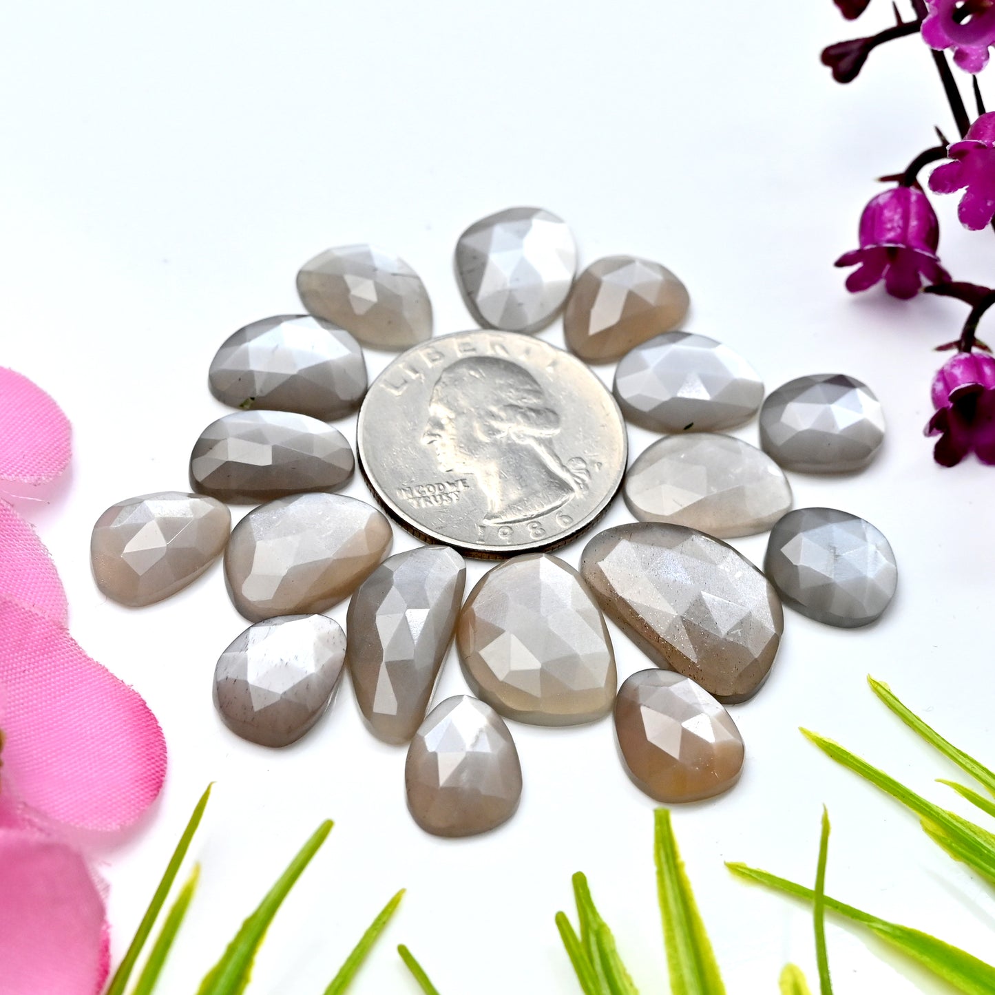 77cts Grey Moonstone Rosecut Cabochon 13x20mm - 10x12mm Free Form Shape AA Grade Gemstone Parcel - Total 17 Pcs