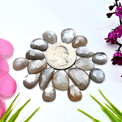 77cts Grey Moonstone Rosecut Cabochon 13x20mm - 10x12mm Free Form Shape AA Grade Gemstone Parcel - Total 17 Pcs