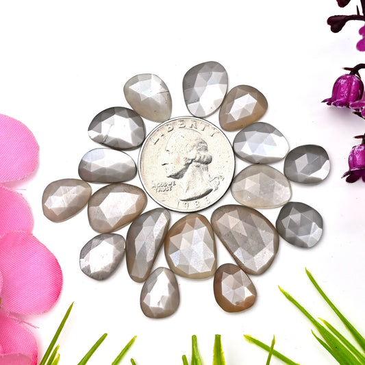 77cts Grey Moonstone Rosecut Cabochon 13x20mm - 10x12mm Free Form Shape AA Grade Gemstone Parcel - Total 17 Pcs