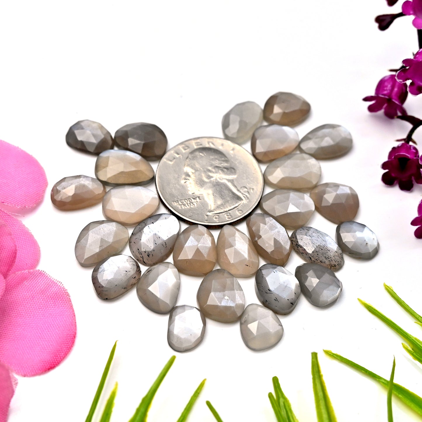 77.45cts Grey Moonstone Rose Cut Cabochon 8x11mm - 10x13mm Freeform Shape AA Grade Gemstone Parcel - Total 26 Pcs