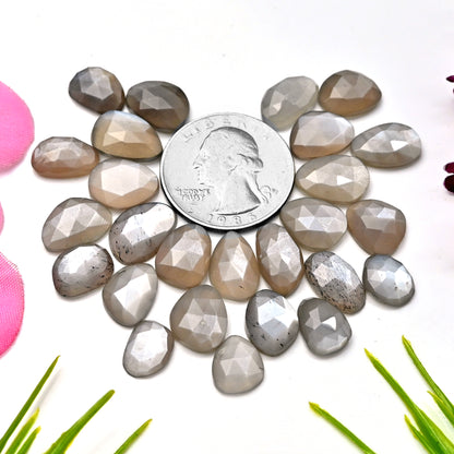 77.45cts Grey Moonstone Rose Cut Cabochon 8x11mm - 10x13mm Freeform Shape AA Grade Gemstone Parcel - Total 26 Pcs