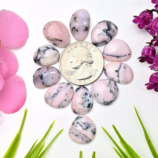 54.6cts Pink Opal with Dendrite Rose Cut Cabochon 13x17mm - 11x16mm AA Grade Gemstone Parcel - Total 11 Pcs