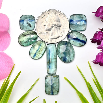 45.85cts Emerald Bio Green Kyanite Rose Cut Cabochon 7x21mm - 12x16mm Oval & Rectangle Shape AA Grade Gemstone Parcel - Total 8 Pcs