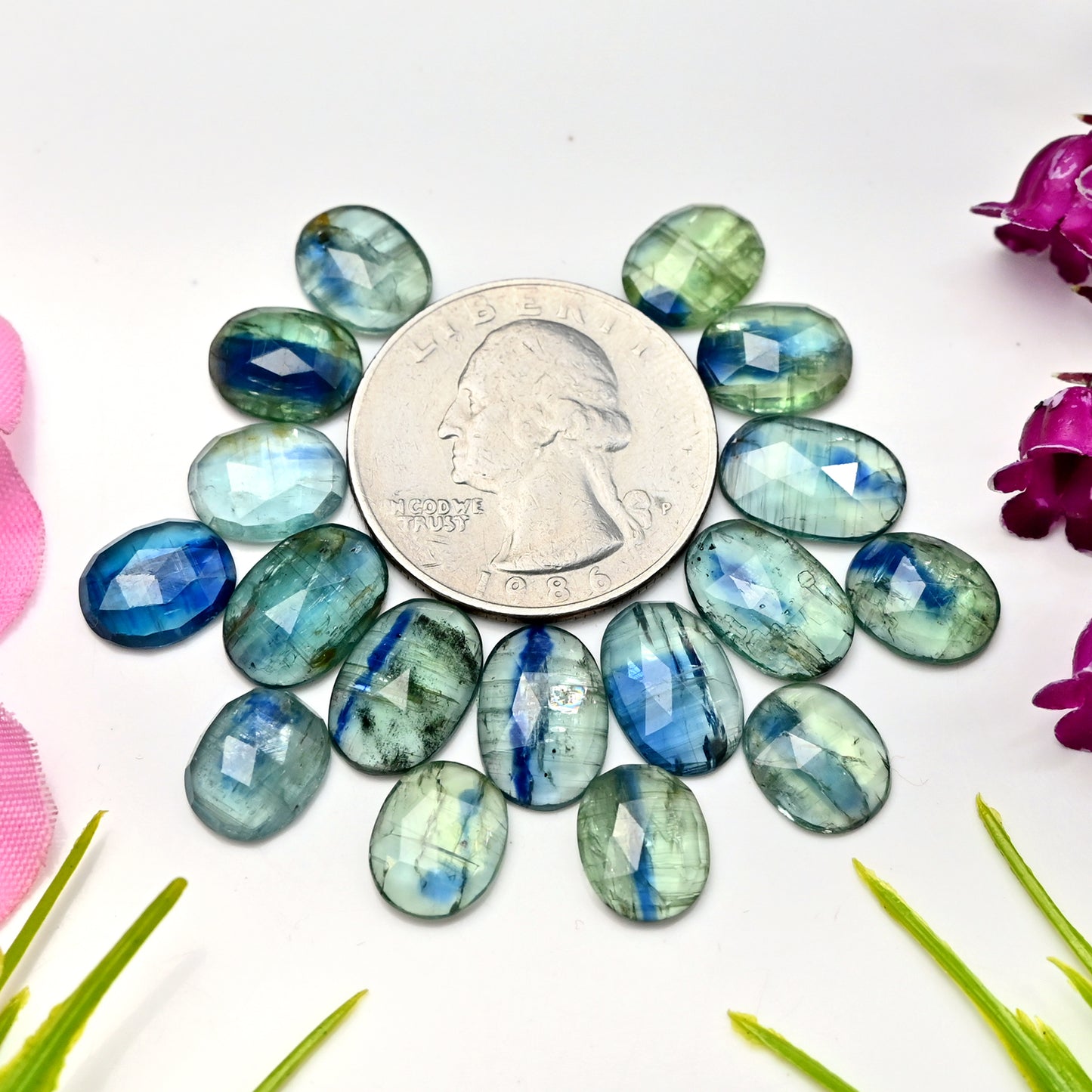 46.30cts Emerald Bio Green Kyanite Rose Cut Cabochon 8x12mm - 8x10mm Oval Shape AA Grade Gemstone Parcel -Total 17 Pcs