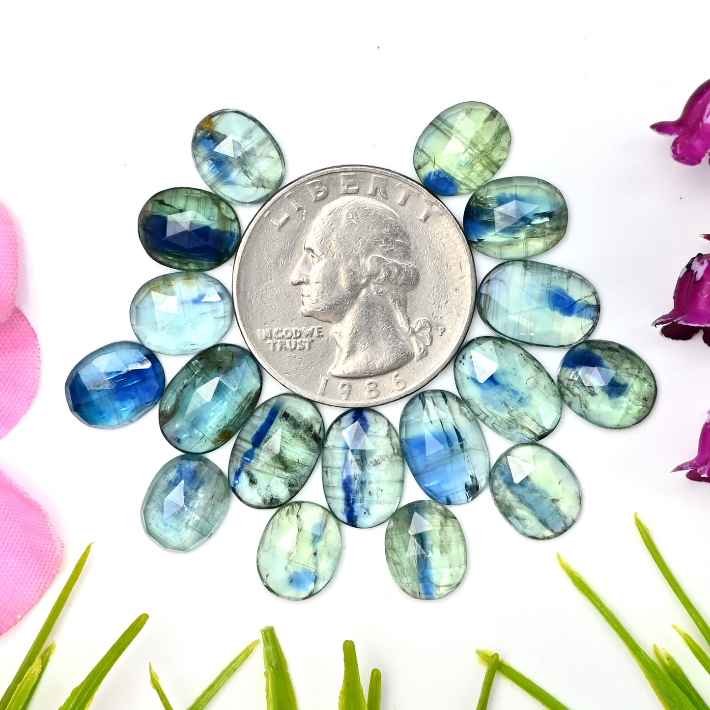 46.30cts Emerald Bio Green Kyanite Rose Cut Cabochon 8x12mm - 8x10mm Oval Shape AA Grade Gemstone Parcel -Total 17 Pcs