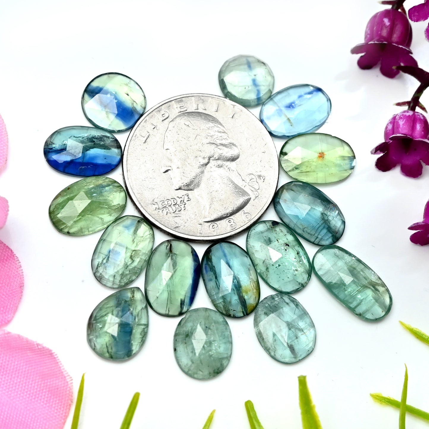 42.1cts Emerald Bio Green Kyanite Rose Cut Cabochon 7x14mm - 8x12mm Mix Shape AA Grade Gemstone Parcel -Total 15 Pcs