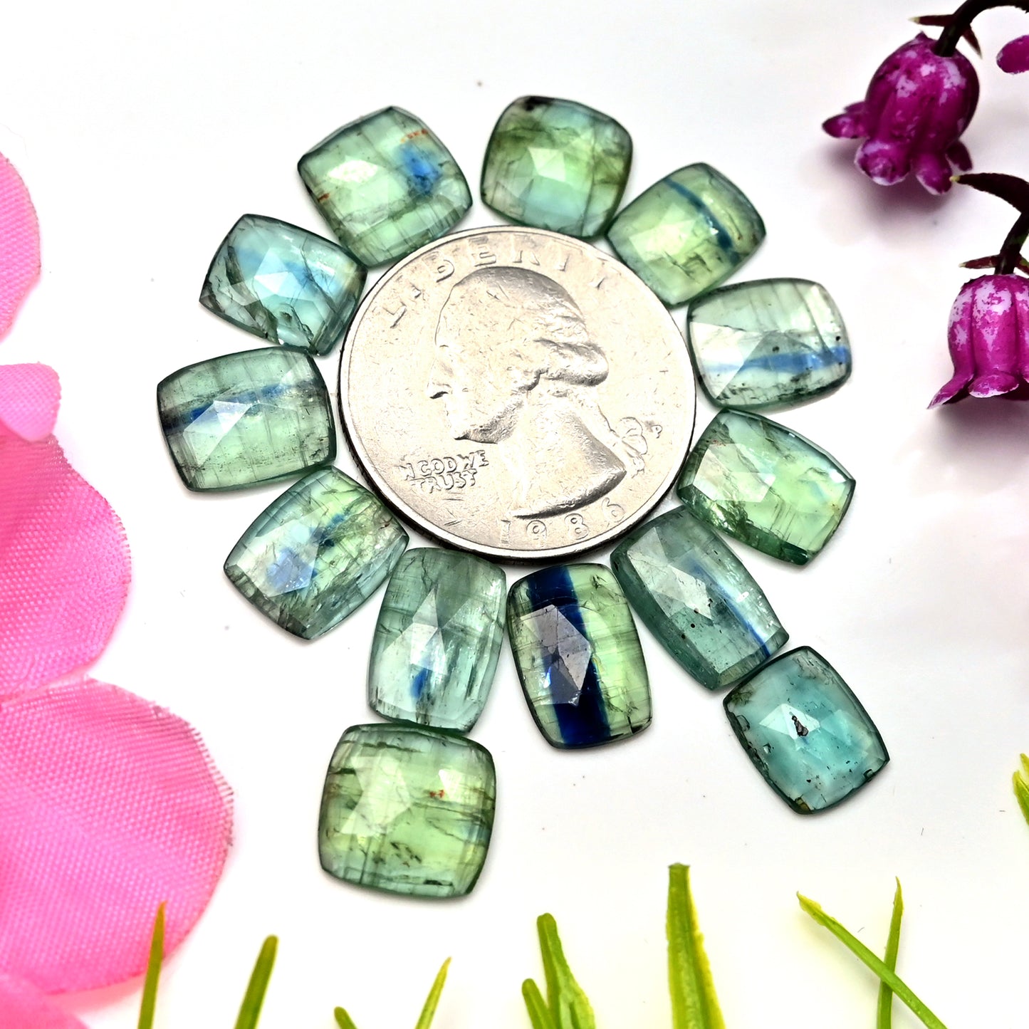 42.95cts Emerald Bio Green Kyanite Rose Cut Cabochon 8x12mm - 9x11mm Rectangle Shape AA Grade Gemstone Parcel -Total 13 Pcs