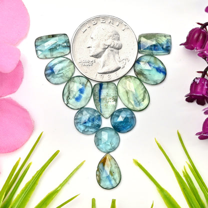 37.25cts Emerald Green Kyanite Rose Cut Cabochon 9x13mm - 10x14mm Mix Shape AA Grade Gemstone Parcel -Total 11 Pcs