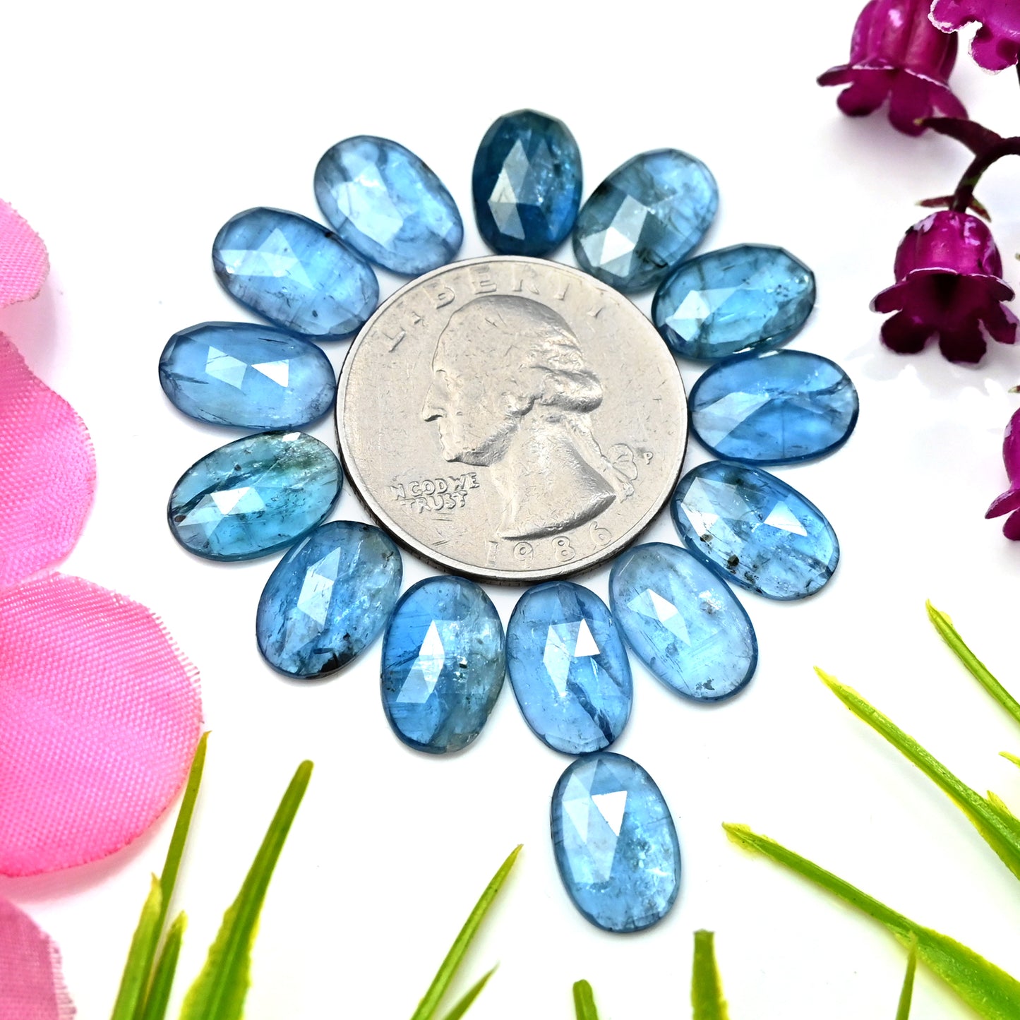 39.85cts. Aquamarine Kyanite 8x12mm Rose Cut Oval Shape AA Grade Gemstone Parcel - Total 14 Pcs