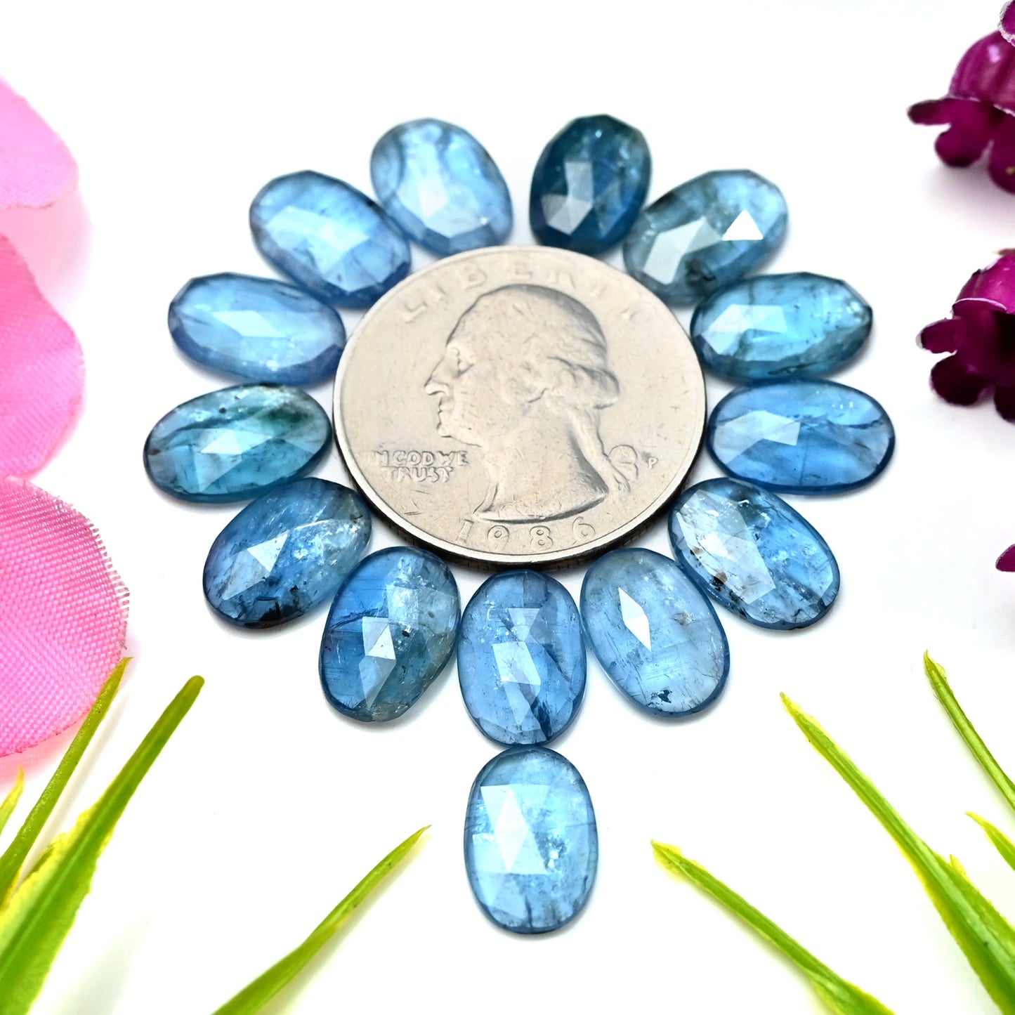 39.85cts. Aquamarine Kyanite 8x12mm Rose Cut Oval Shape AA Grade Gemstone Parcel - Total 14 Pcs