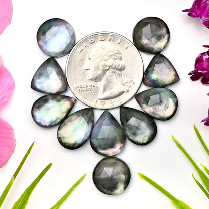 59,8 ct Abalone-Muschel-Dublette mit Himalaya-Bergkristall-Rosenschliff-Cabochon 10 x 15 mm – 11 x 14 mm, Edelsteinpaket der Güteklasse AA, insgesamt 10 Stück