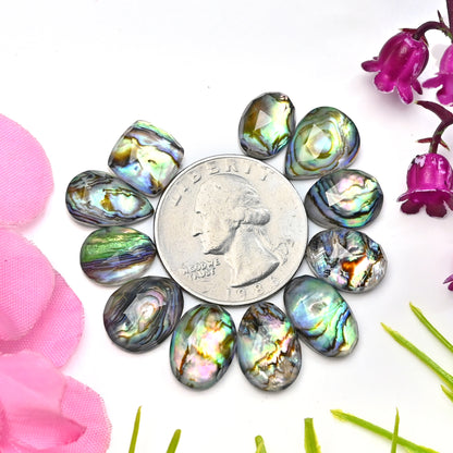 55,5 ct Abalone-Muschel-Dublette mit Himalaya-Bergkristall-Cabochon im Rosenschliff, 8 x 11 mm – 9 x 14 mm, Edelsteinpaket der Güteklasse AA, insgesamt 11 Stück