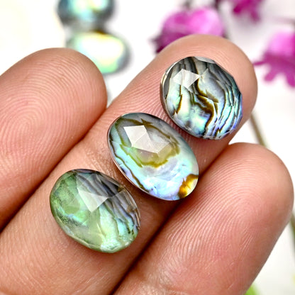 59,4 ct Abalone-Muschel-Dublette mit Himalaya-Bergkristall-Cabochon im Rosenschliff, 10 x 13 mm – 9 x 15 mm, Edelsteinpaket der Güteklasse AA, insgesamt 12 Stück