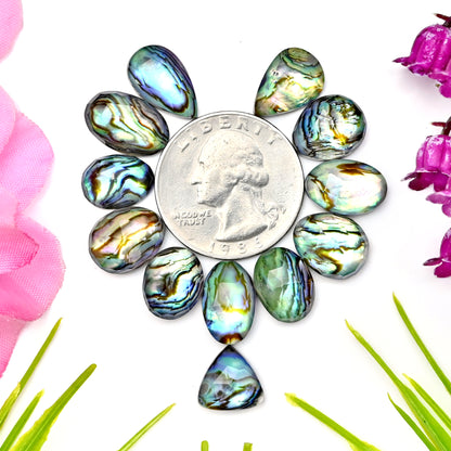 59,4 ct Abalone-Muschel-Dublette mit Himalaya-Bergkristall-Cabochon im Rosenschliff, 10 x 13 mm – 9 x 15 mm, Edelsteinpaket der Güteklasse AA, insgesamt 12 Stück