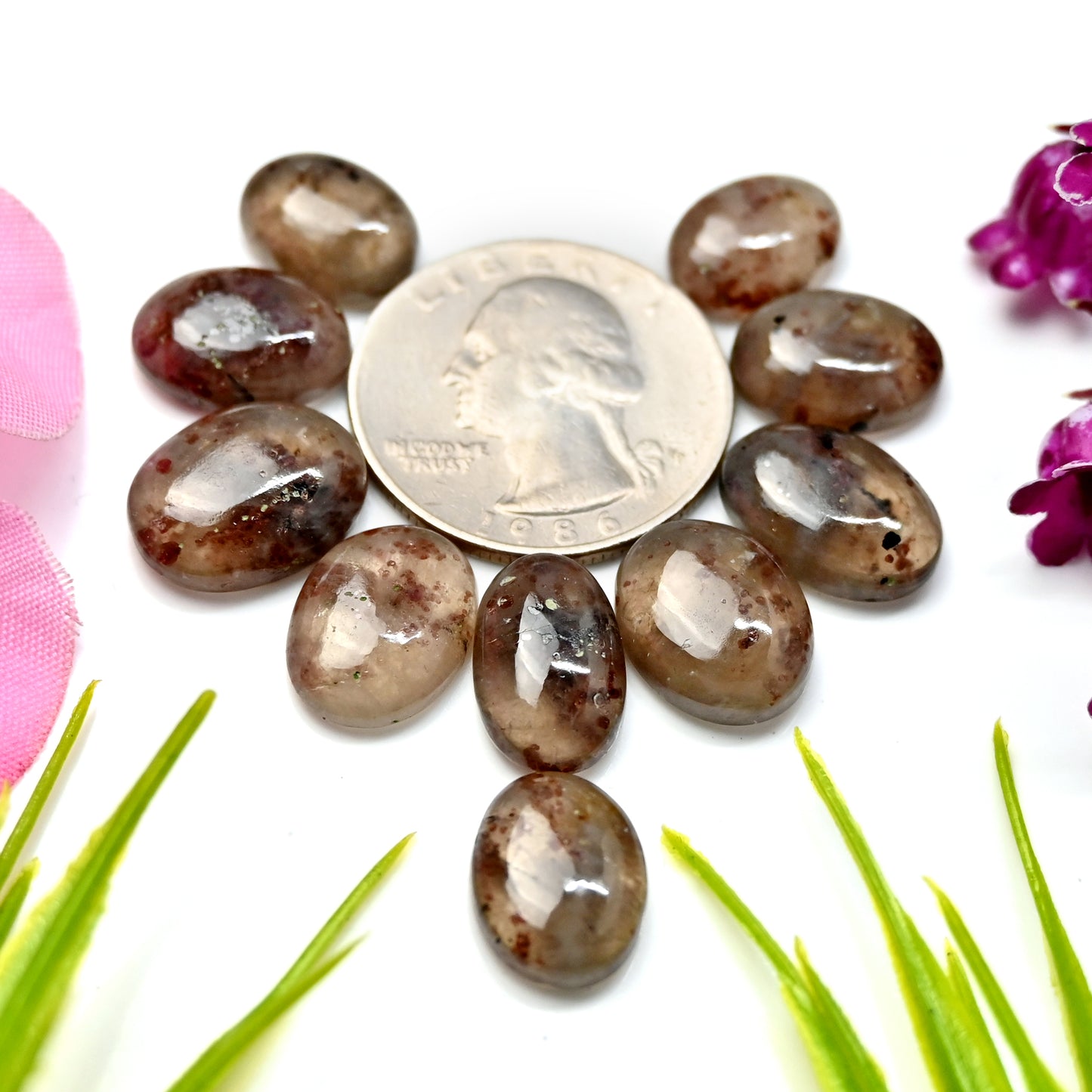 54.9cts Garnet Inclusion Quartz Rose Cut Cabochon 9x12mm - 12x15mm Free Form Shape AA Grade Gemstone Parcel -Total 10 Pcs