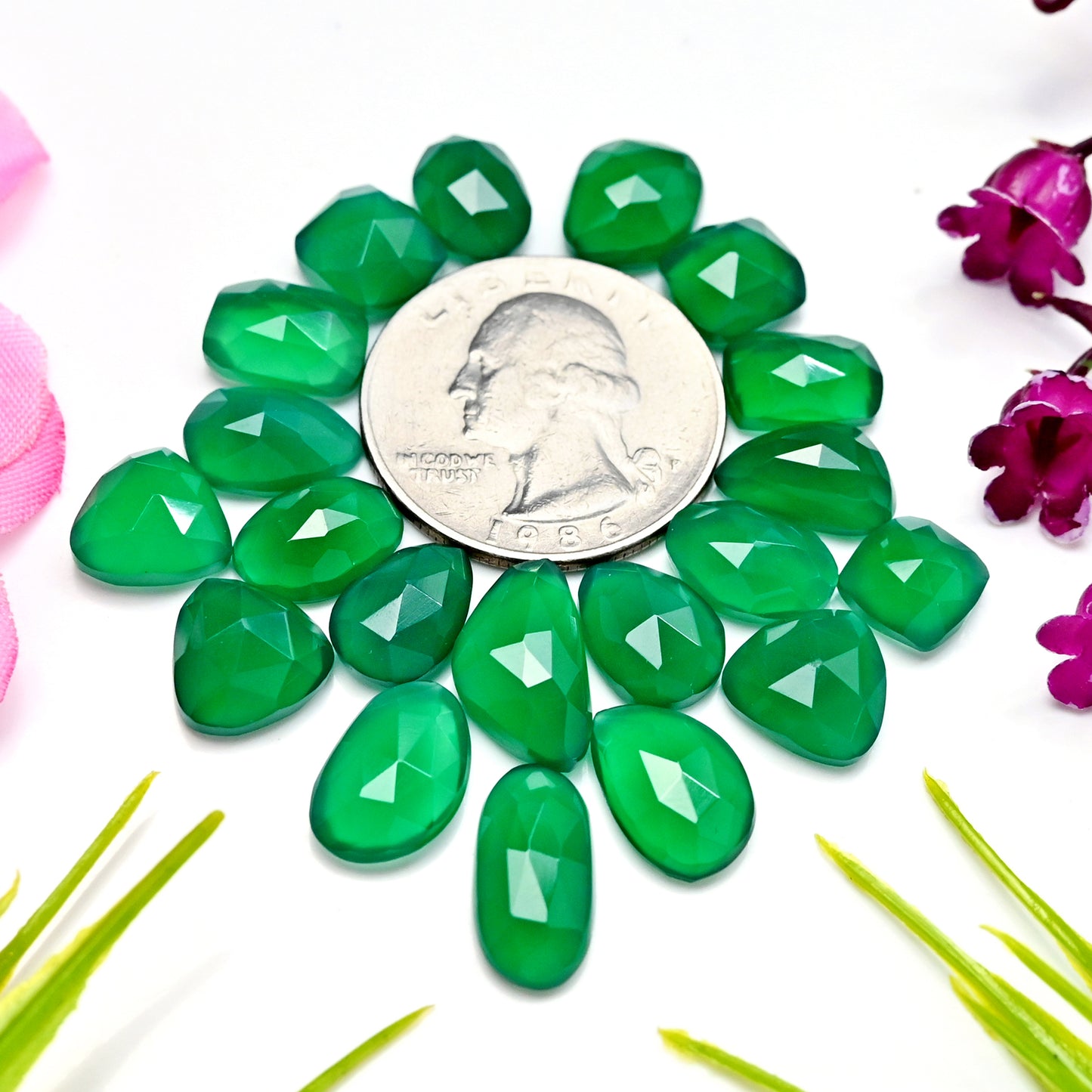 59.70cts Green onyx Rose Cut 8x15mm, 9x13mm AA Grade Gemstone Parcel - Total 20 Pcs