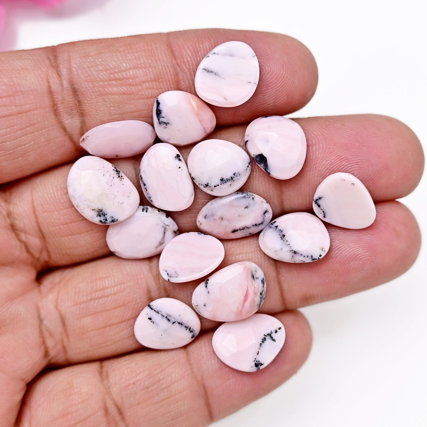 35.8cts Peruvian Pink Opal Rose Cut Cabochon 9x14mm - 10x12mm AA Grade Gemstone Parcel - Total 15 Pcs