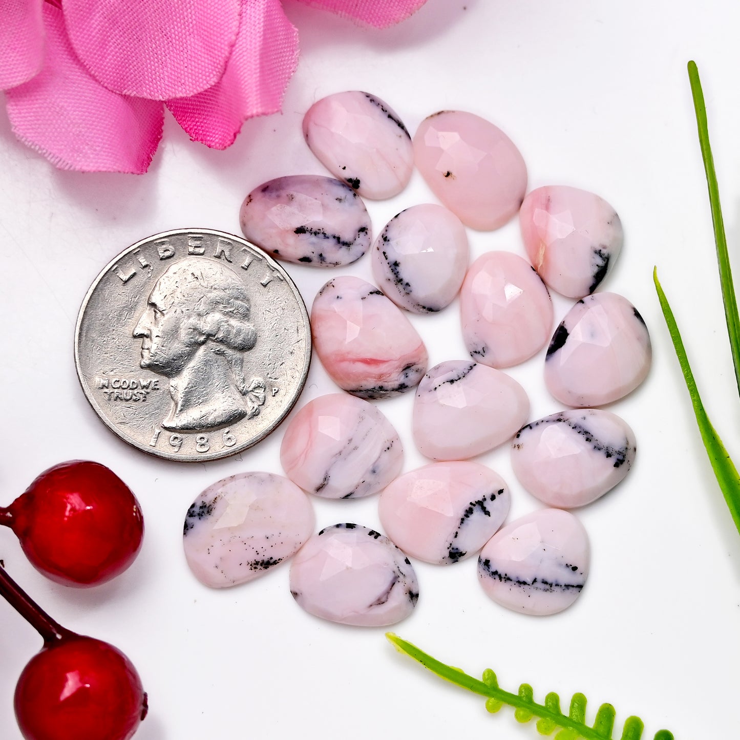 35.8cts Peruvian Pink Opal Rose Cut Cabochon 9x14mm - 10x12mm AA Grade Gemstone Parcel - Total 15 Pcs