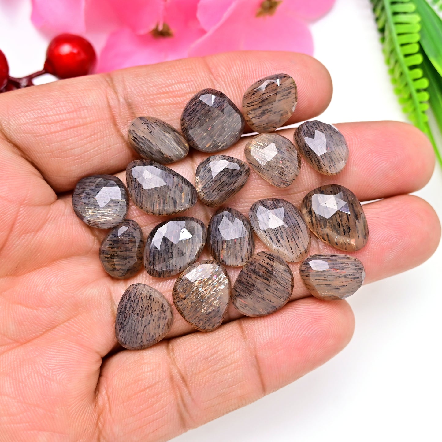 80.90cts.Rainbow Lattice Sunstone Rose Cut 11x16mm - 9x13mm  AA Grade Gemstone Parcel - Total 17 Pcs