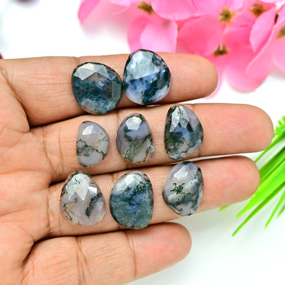 70.20cts Moss Agate Rosecut Cabochon 14x19mm-11mmx15mm Freeform Shape AA Grade Gemstone Parcel -Total 8 Pcs