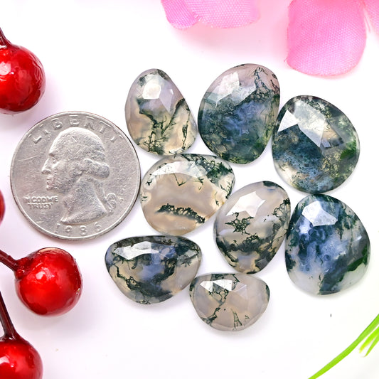 70.20cts Moss Agate Rosecut Cabochon 14x19mm-11mmx15mm Freeform Shape AA Grade Gemstone Parcel -Total 8 Pcs