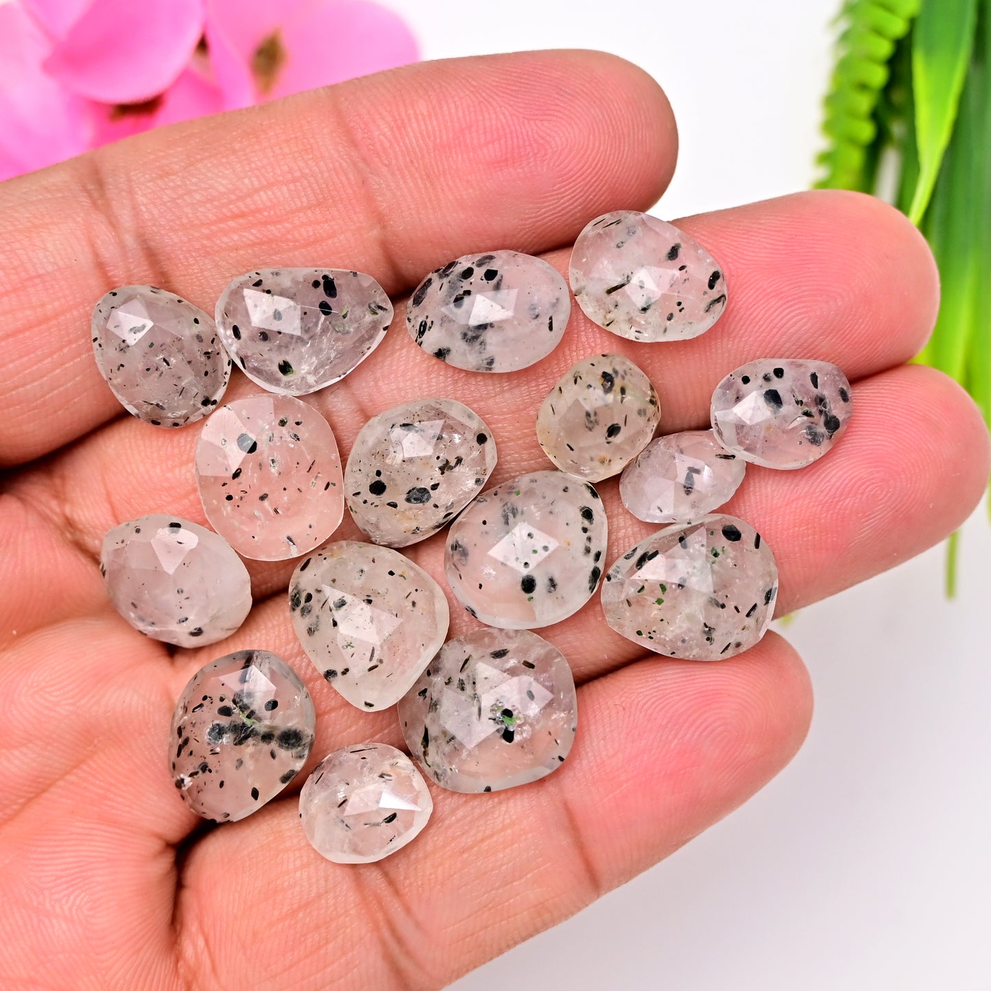 79.20cts Dot Rutile Quartz Rosecut 12x16mm - 9x11mm Free Form Shape AA Grade Gemstone Parcel - Total 16 Pcs