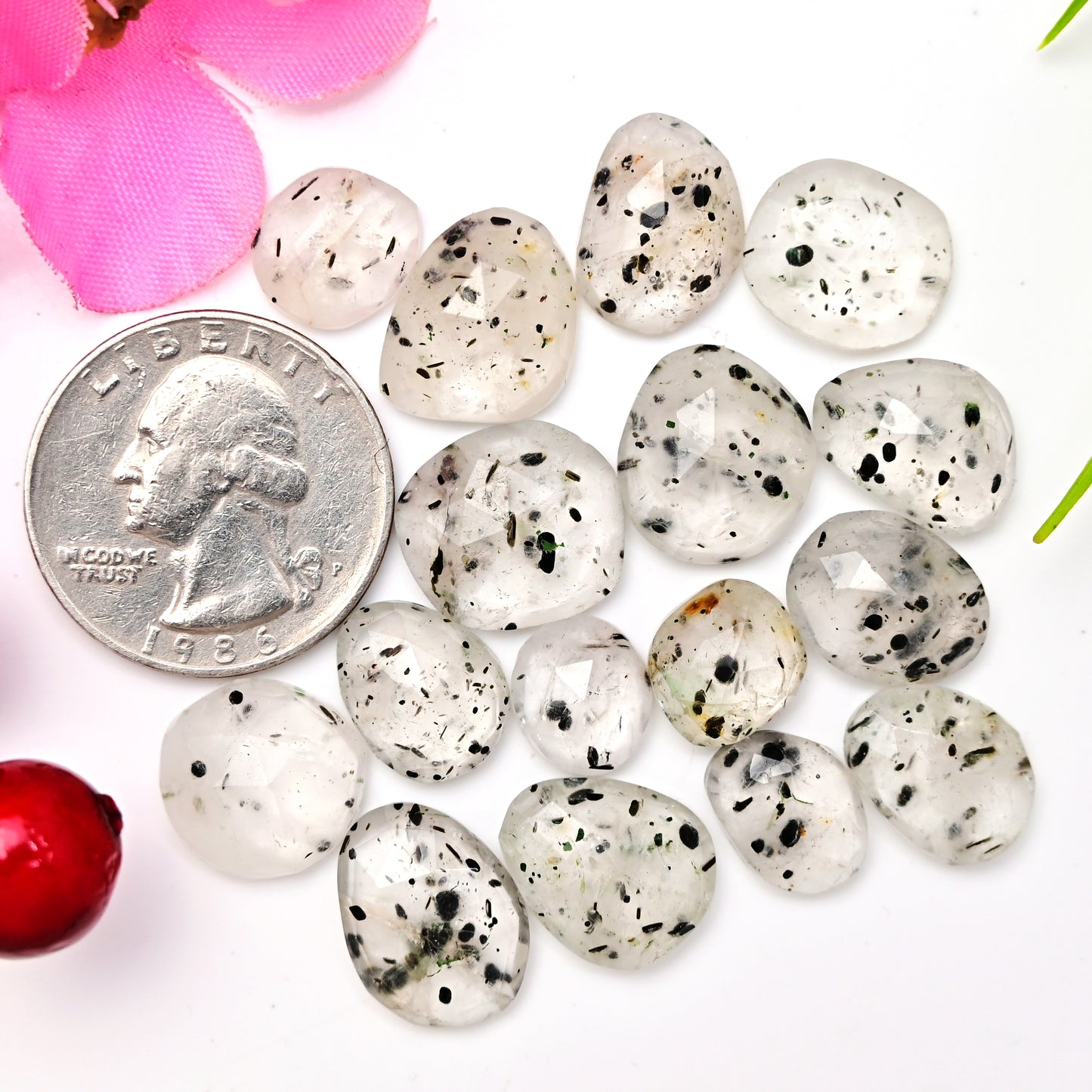 79.20cts Dot Rutile Quartz Rosecut 12x16mm - 9x11mm Free Form Shape AA Grade Gemstone Parcel - Total 16 Pcs