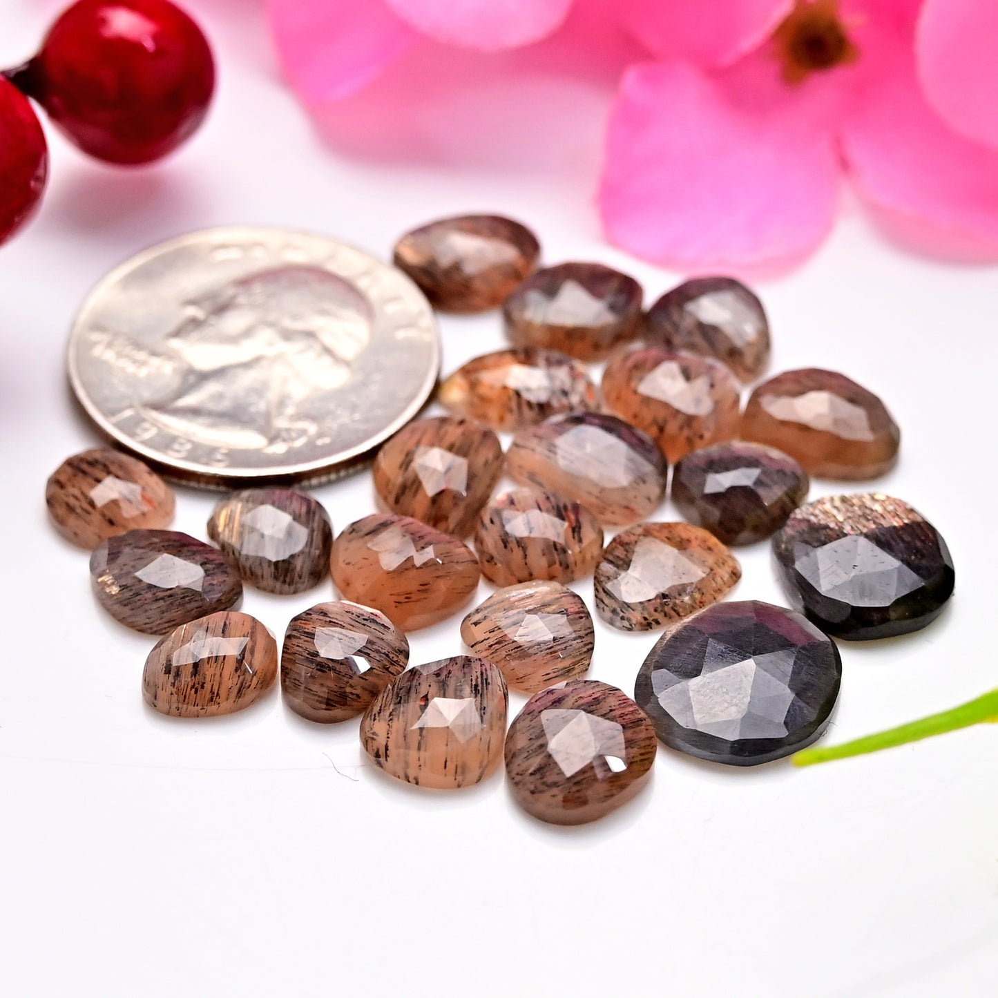 44.90cts.Rainbow Lattice Sunstone Rose Cut 10x12mm - 7x9mm  AA Grade Gemstone Parcel - Total 22 Pcs