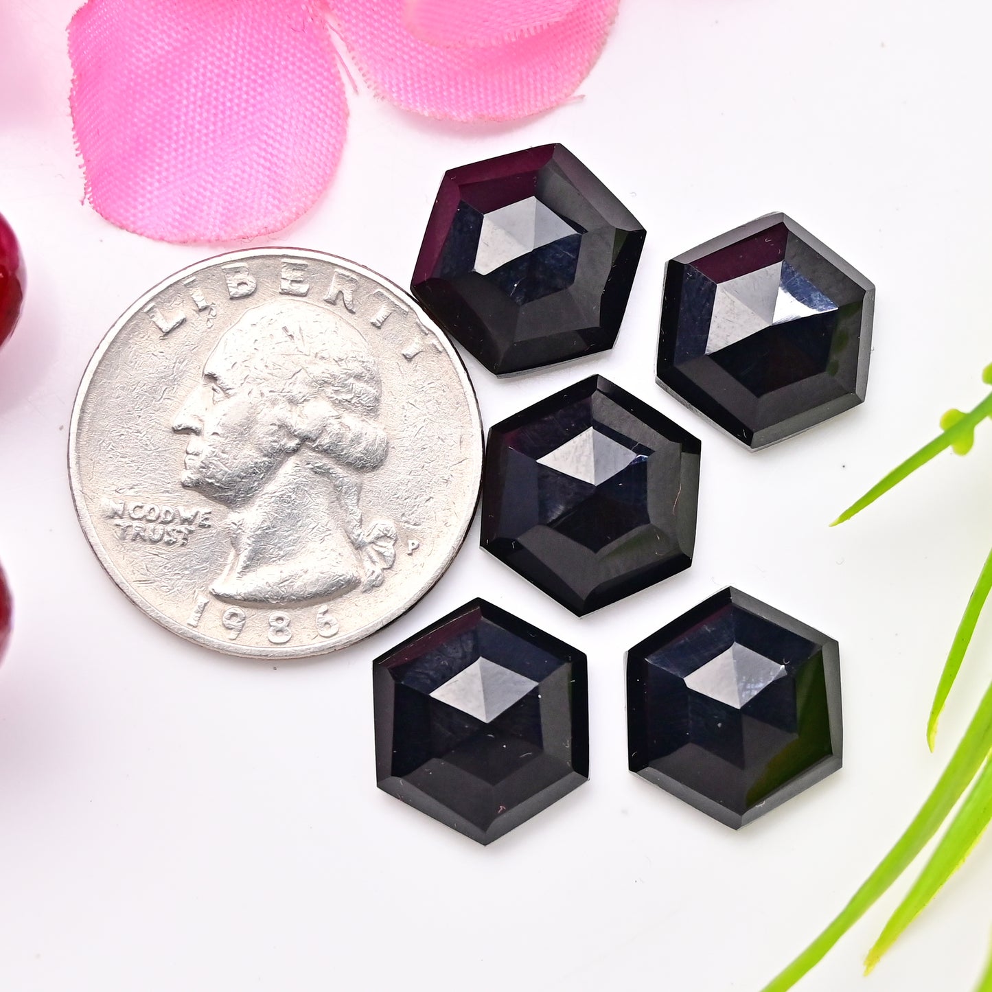 32.30cts Black Onyx Hexagon Rosecut 12x12mm AA Grade Gemstone Parcel -Total 5 Pcs