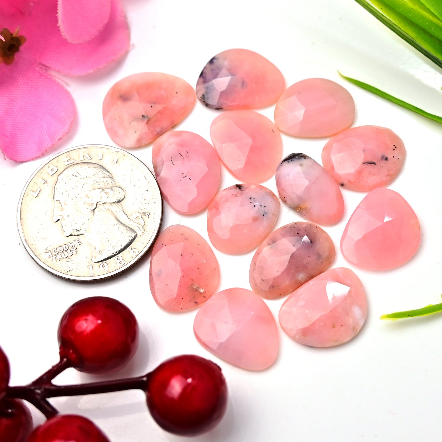 35.30cts Pink Opal Rose Cut Cabochon 9x14mm - 13x16mm AA Grade Gemstone Parcel - Total 13 Pcs