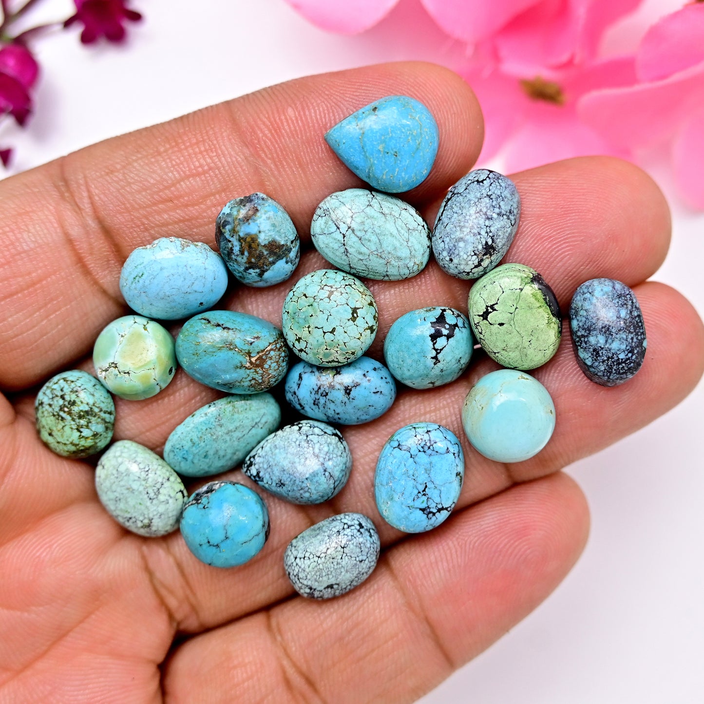 75.50cts Tibetian Turquoise Rose Cut Cabochon 8x13mm - 10x14mm Mix Shape AA Grade Gemstone Parcel -Total 20 Pcs