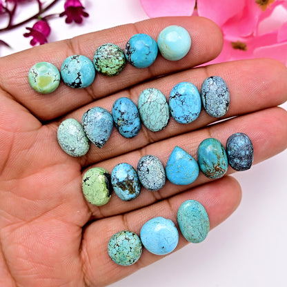 75.50cts Tibetian Turquoise Rose Cut Cabochon 8x13mm - 10x14mm Mix Shape AA Grade Gemstone Parcel -Total 20 Pcs