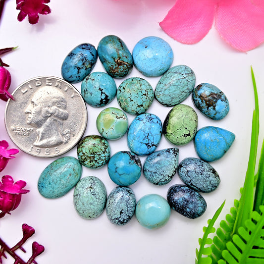 75.50cts Tibetian Turquoise Rose Cut Cabochon 8x13mm - 10x14mm Mix Shape AA Grade Gemstone Parcel -Total 20 Pcs