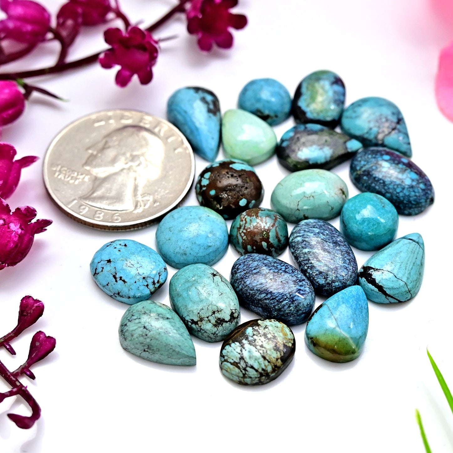 65.60cts Tibetian Turquoise Rose Cut Cabochon 9x16mm - 10x14mm Mix Shape AA Grade Gemstone Parcel -Total 20 Pcs