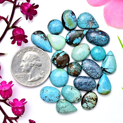 65.60cts Tibetian Turquoise Rose Cut Cabochon 9x16mm - 10x14mm Mix Shape AA Grade Gemstone Parcel -Total 20 Pcs