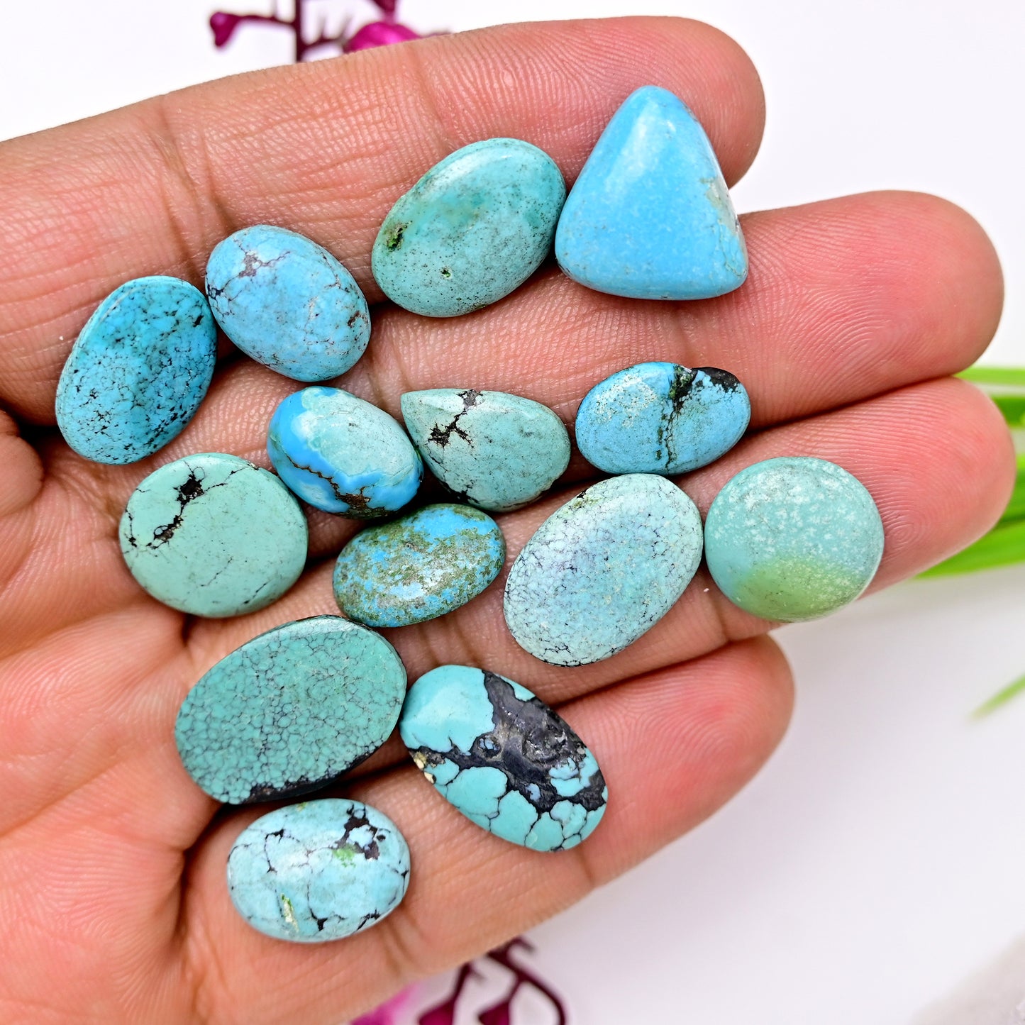 68cts Tibetian Turquoise Rose Cut Cabochon 13x20mm - 9x14mm Mix Shape AA Grade Gemstone Parcel -Total 14 Pcs