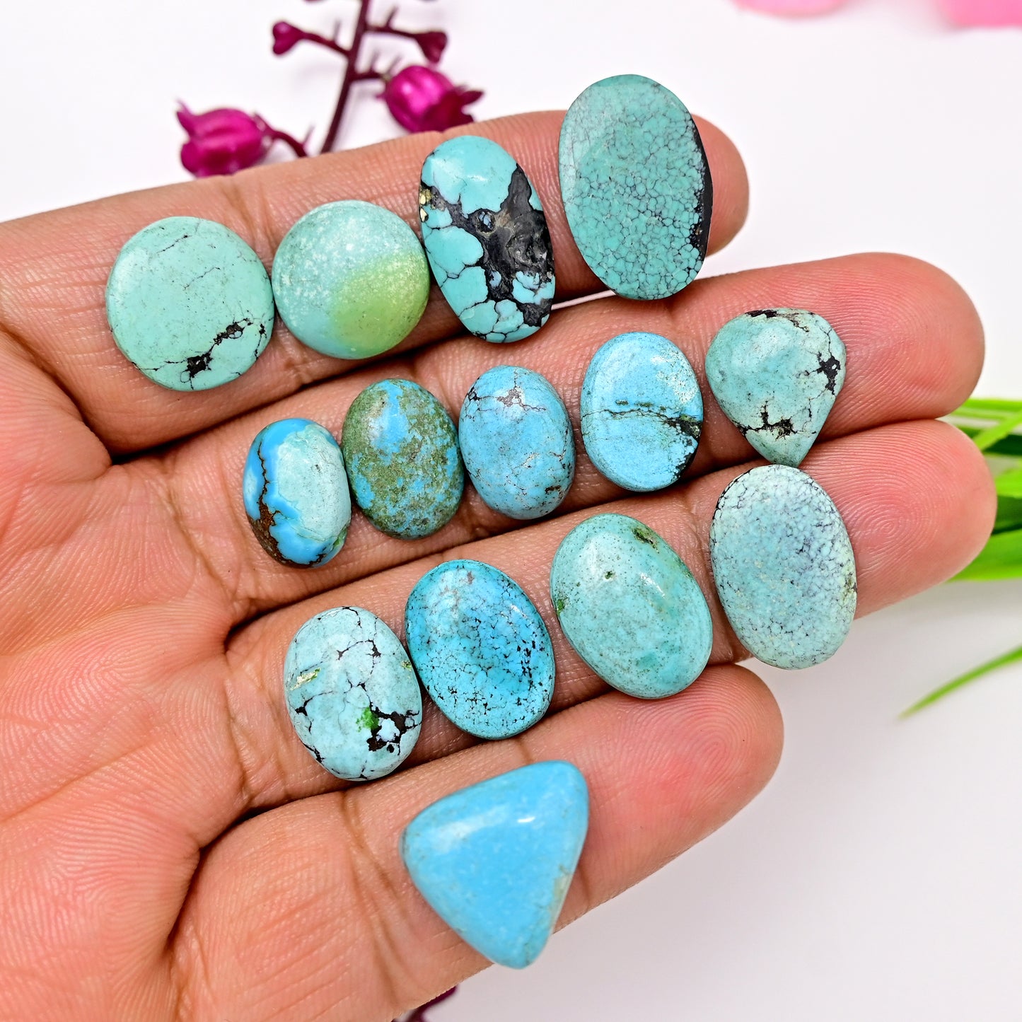 68cts Tibetian Turquoise Rose Cut Cabochon 13x20mm - 9x14mm Mix Shape AA Grade Gemstone Parcel -Total 14 Pcs