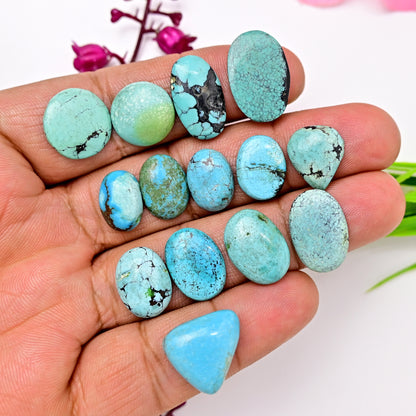 68cts Tibetian Turquoise Rose Cut Cabochon 13x20mm - 9x14mm Mix Shape AA Grade Gemstone Parcel -Total 14 Pcs