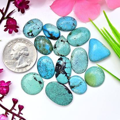 68cts Tibetian Turquoise Rose Cut Cabochon 13x20mm - 9x14mm Mix Shape AA Grade Gemstone Parcel -Total 14 Pcs