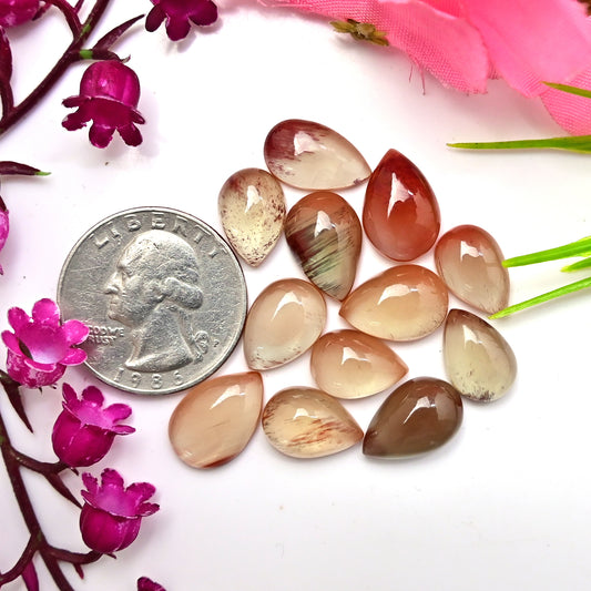 51.60cts Andesine Smooth Cabochon 9x14mm - 10x15mm Pear Shape AA Grade Gemstone Parcel -Total 12 Pcs