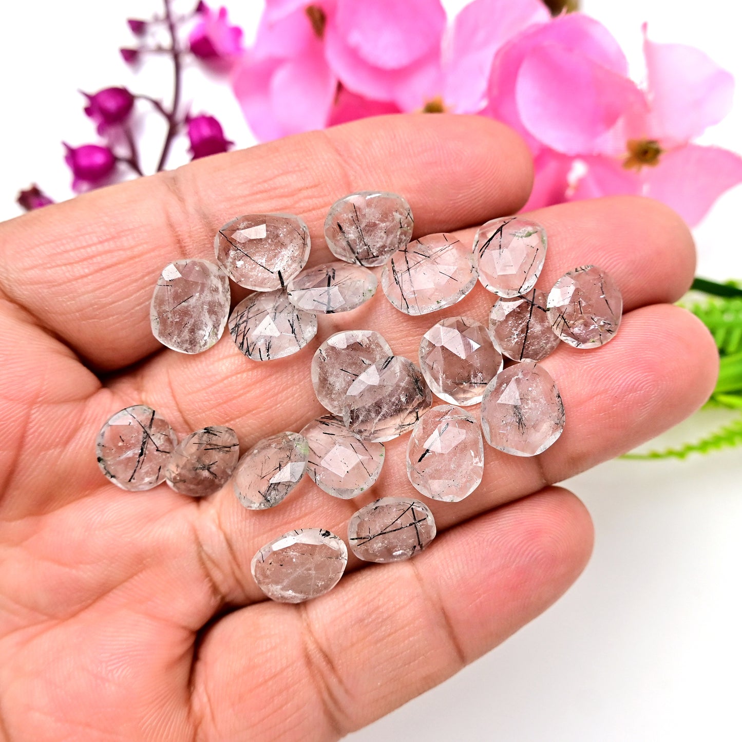 54cts Tourmalinated Quartz Rosecut 9x12mm - 10x12mm Free Form Shape AA Grade Gemstone Parcel - Total 20 Pcs