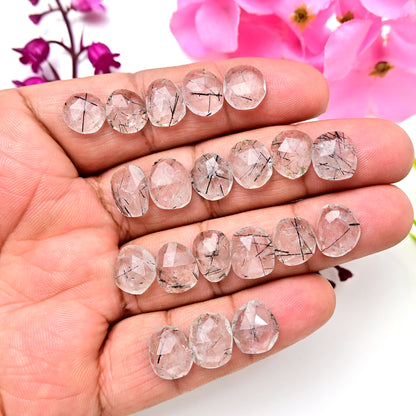 54cts Tourmalinated Quartz Rosecut 9x12mm - 10x12mm Free Form Shape AA Grade Gemstone Parcel - Total 20 Pcs