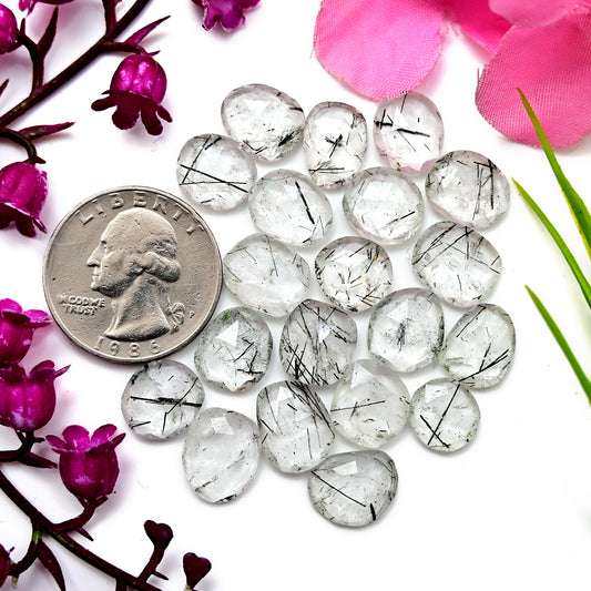 54cts Tourmalinated Quartz Rosecut 9x12mm - 10x12mm Free Form Shape AA Grade Gemstone Parcel - Total 20 Pcs