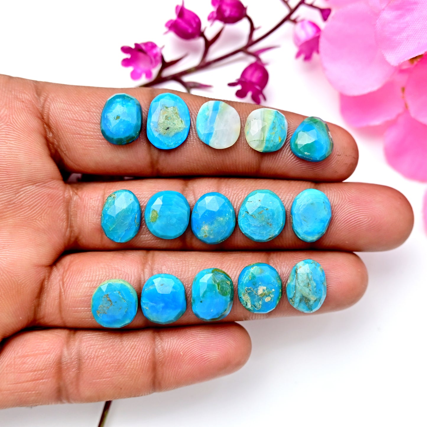 31.70cts Peruvian Blue Opal Rosecut 8x12mm - 9x13mm Free Form Shape AA Grade Gemstone Parcel -Total 15 Pcs