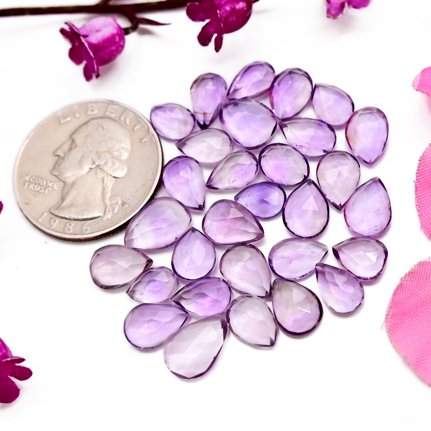 74,45 ct rosa Amethyst im Rosenschliff, Freiform, 10 x 14 mm, 9 x 13 mm, Edelstein der Güteklasse AA, insgesamt 25 Stück